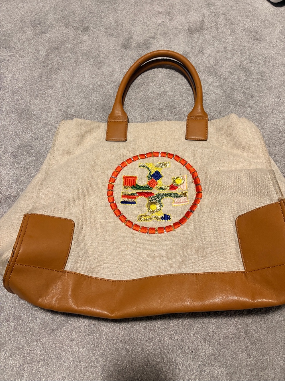 Tory Burch Canvas Tote with Embroidered Medallion in Cream and Tan